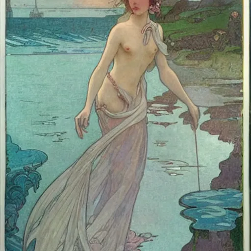 Image similar to magical water spirit woman looking towards the sea, dreamy atmosphere, mucha, gurney