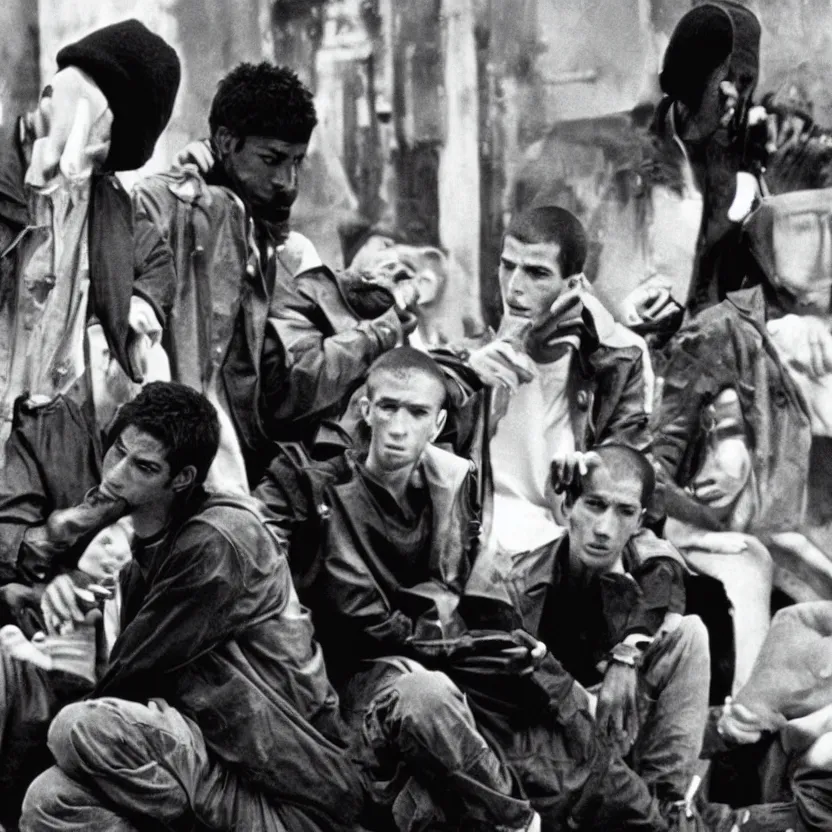 Prompt: la haine, by matthieu kassovitz, 1 9 9 5 cinematic, classic