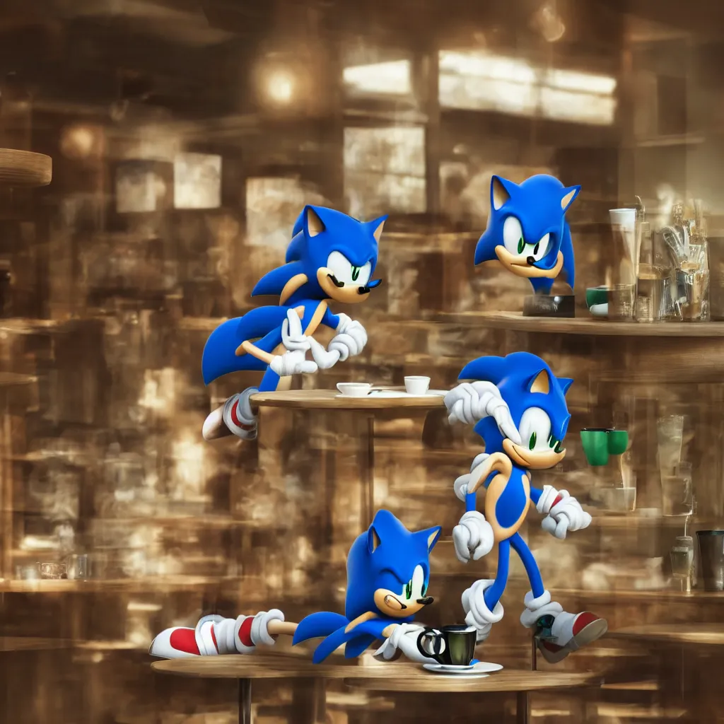 Image similar to Sonic having a cup of tea at starbucks. Beautiful composition, 3d render trending on artstation, medium shot, indoor smooth light