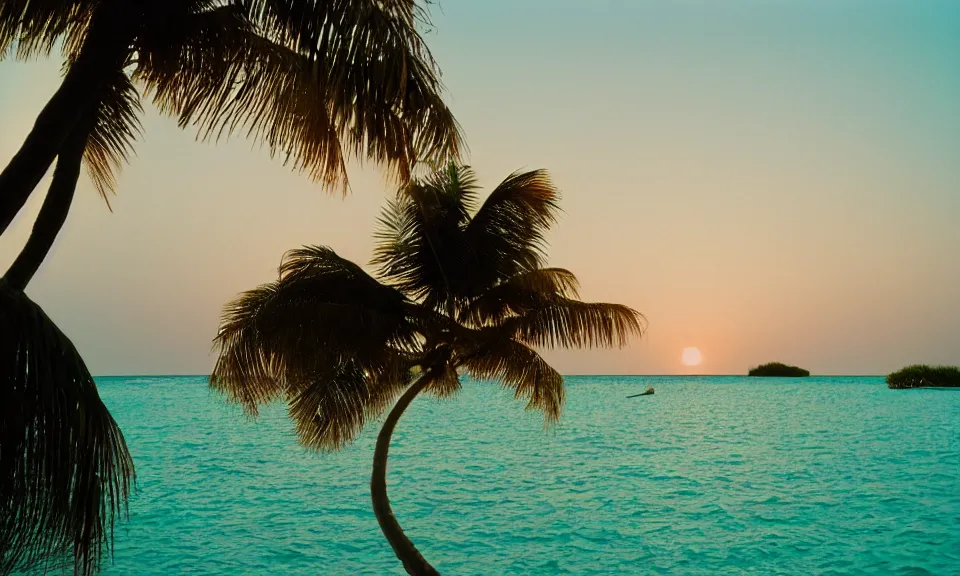 Image similar to 35mm film still, morning light over an island in the maldives, color palette of gold