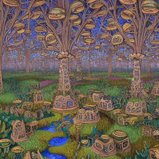 Image similar to city made of mushrooms and plants, 1 9 2 0 ’ s colored pencil, highly detailed, highly accurate, abstract art, deep aesthetic, 8 k, highly ornate intricate details, cinematic lighting, rich colors, ray tracing, hyperrealistic, photorealistic, cinematic landscape, trending on artstation,