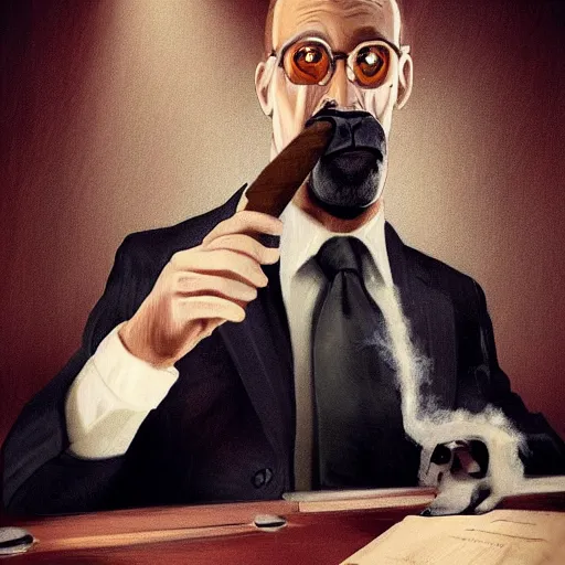 Image similar to a dog wearing a business suit smoking a cigar, dramatic lighting, cinematic, establishing shot, extremly high detail, photorealistic, cinematic lighting, concept art, artstation, style by greg rutkowsky