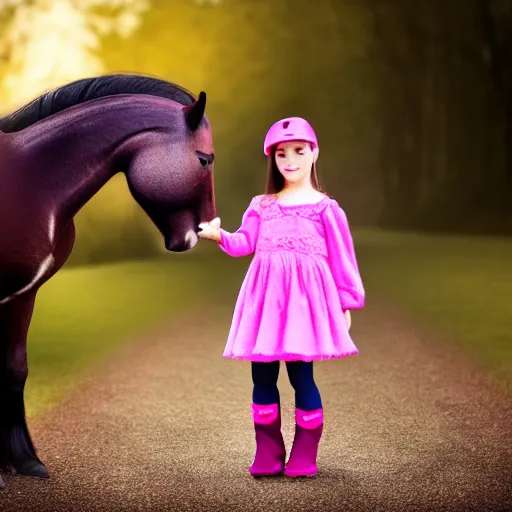 Image similar to young girl with dark hair, two ponytails, wears boots, next to her is a pink pony with a hat, photo taken by nikon, sharp focus, highly detailed, studio lightning, 4 k