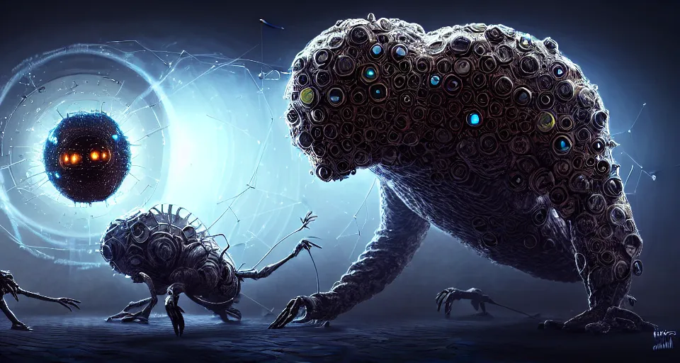 Prompt: hive mind creature made of dust battling a hacker, technology and magic, intricate, highly detailed, digital painting, lightbright, sharp focus,