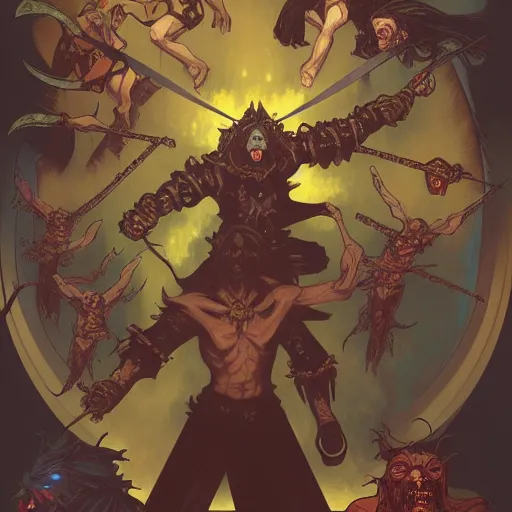 Image similar to a necromancer is fighting a horde of demons with magic, medium level shot , epic fight scene, Alphonse Mucha style , Grim fantasy, illustration ,concept art,