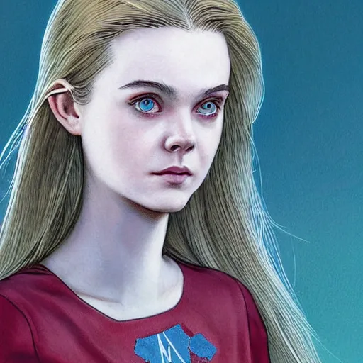 Prompt: Elle Fanning in the Kingdom Come comic by Mark Waid, head and shoulders, symmetrical facial features, smooth, sharp focus, intricate, extremely detailed masterpiece,