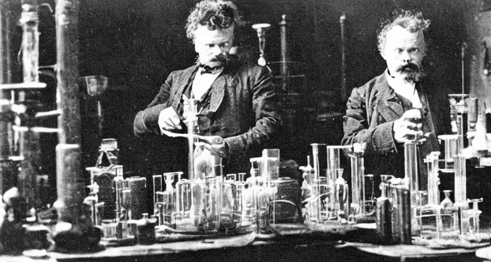Prompt: august strindberg examines a laboratory filled with alchemy equipment, victorian era, gold dust, depth of field
