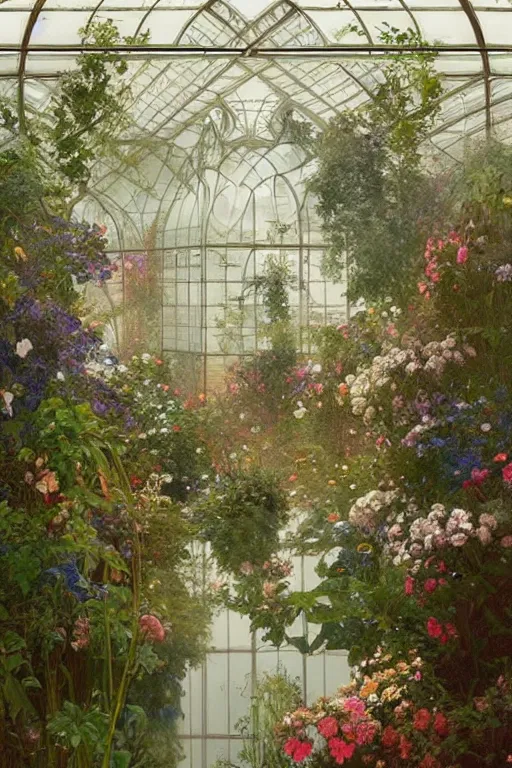 Prompt: a beautifull intricate greenhouse with many flowers, reflexions, verry high details by william turner art, greg rutkowski and alphonse mucha, trending on artstation, very very detailed, masterpiece,