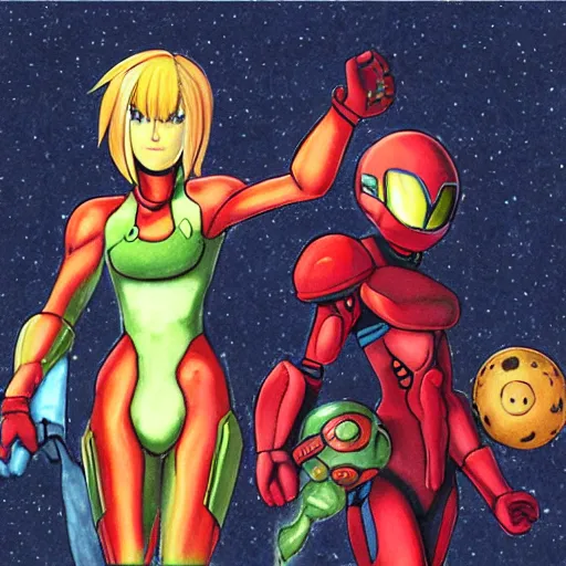 Image similar to Samus Aran taking her pet metroid out for a walk