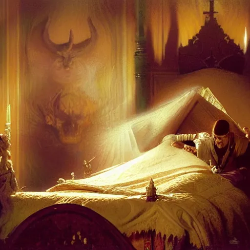 Image similar to the catholic pope in his bed, terrified, because a horned shadow demon is approaching his bed. highly detailed painting by gaston bussiere, greg rutkowski, craig mullins 8 k