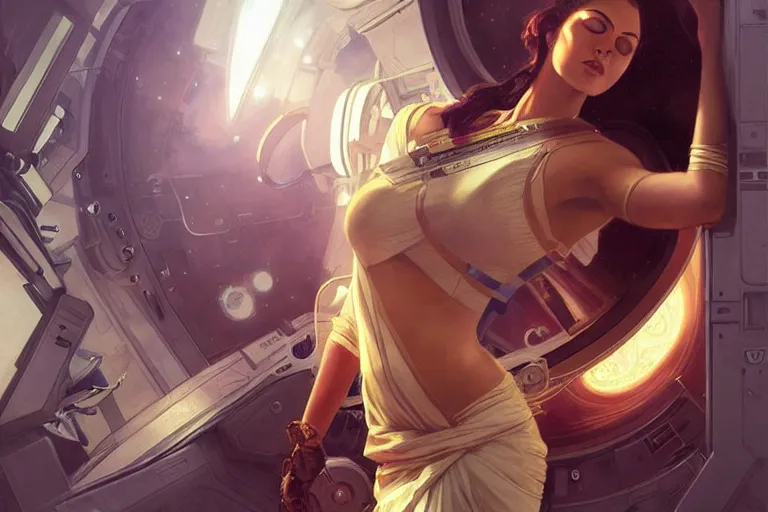 Image similar to Sensual beautiful female Aryan young Indian doctors wearing Deus Ex Human Revolution clothing in a space station above Earth, portrait, elegant, intricate, digital painting, artstation, concept art, smooth, sharp focus, illustration, art by artgerm and greg rutkowski and alphonse mucha