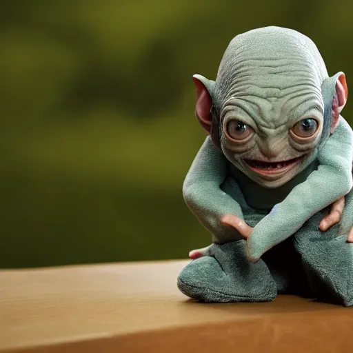 Image similar to A plush Gollum crying in thunderstorm