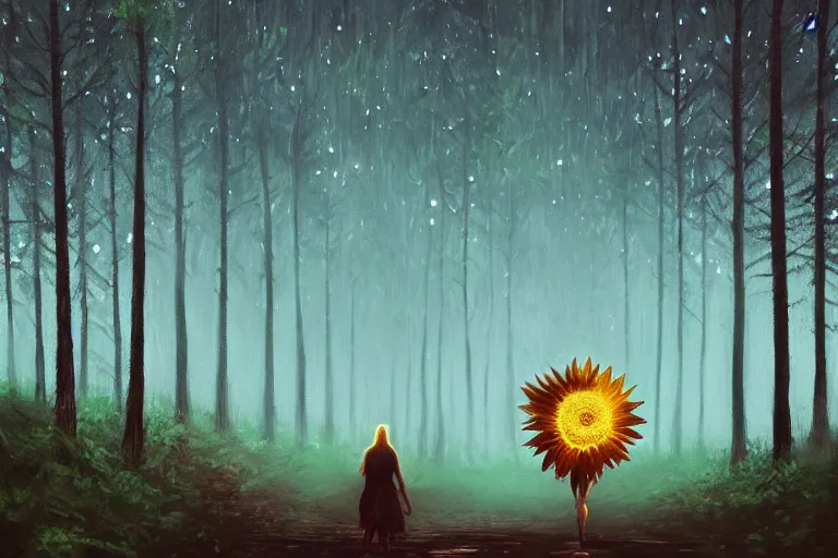 Image similar to giant sunflower head, girl walking in a moonlit forest, hills, surreal photography, dark night, star trails, dramatic light, impressionist painting, clouds, digital painting, artstation, simon stalenhag