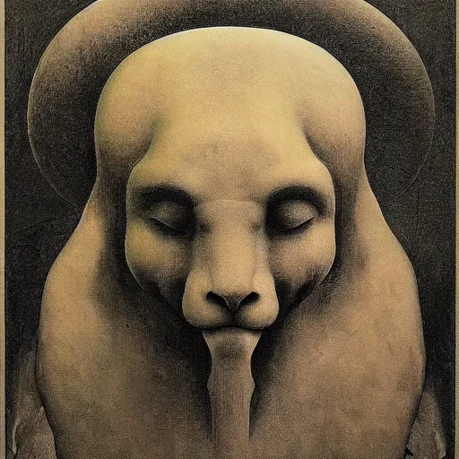 Image similar to cherub with four faces : man, lion, eagle, bull. drawn by zdzislaw beksinski