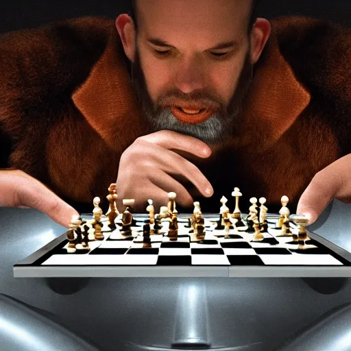 Prompt: photorealistic 8 k image of a giant in a tinfoil hat playing chess with aliens