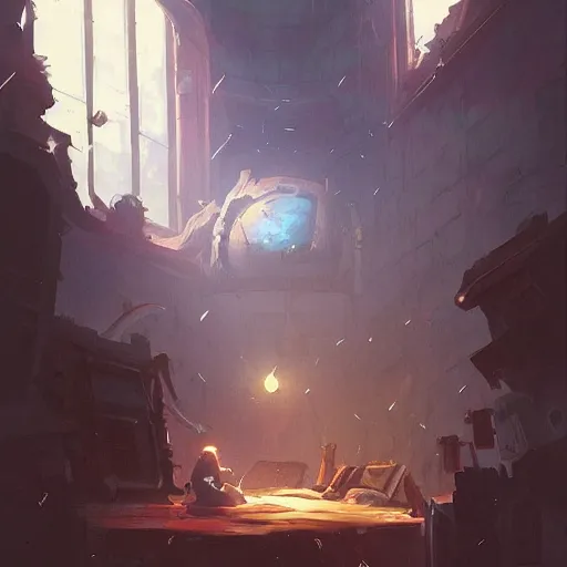 Prompt: A room inside of a sewer lair,The room is cluttered with clithes everywhere and space posters but up,bed, digital art from artstation by Andreas Rocha and Greg Rutkowski and Peter Mohrbacher