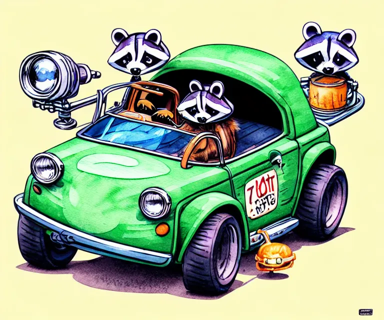 Image similar to cute and funny, racoon wearing a helmet riding in a tiny hot rod with oversized engine, ratfink style by ed roth, centered award winning watercolor pen illustration, isometric illustration by chihiro iwasaki, edited by range murata, tiny details by artgerm and watercolor girl, symmetrically isometrically centered, sharply focused