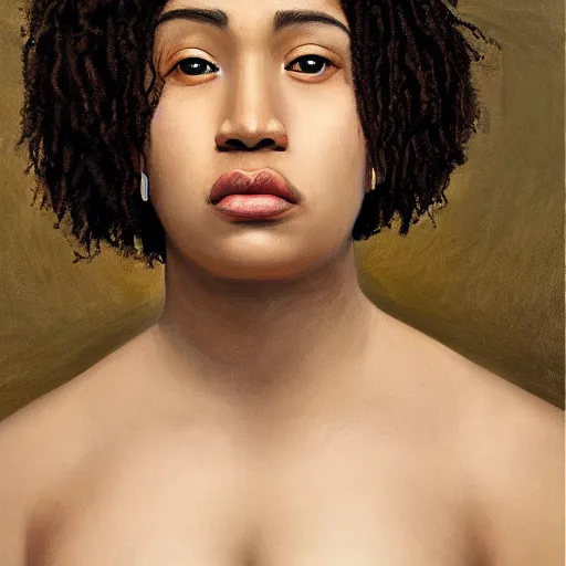 Image similar to A portrait of a powerful and thick beautiful non-binary person, medium tone skin, oil painting, majestic, detailed, high resolution