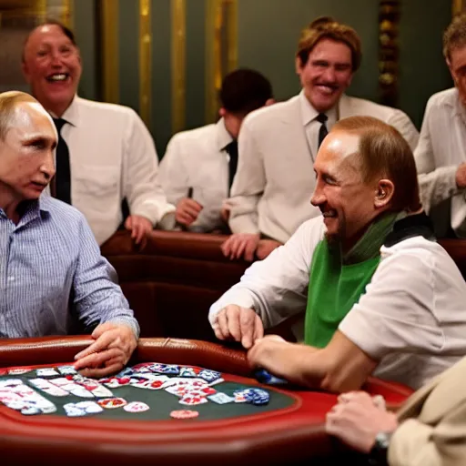 Prompt: jesus christ playing poker while putin serves drinks and smiles