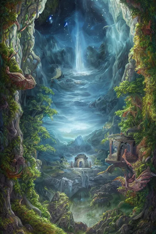 Image similar to A fantasy book style portrait painting, Great Turtle Island at the center of the Universe, accompanying hybrid, Anya_Taylor-Joy, Cory Chase, Mystical Valkyrie, Anubis-Reptilian, Atlantean Warrior, Cozy, hotspring hidden Cave, candlelight, towels, cushions, natural light, lush plants and flowers, elegant, smooth cave rock, fantasy, atmospheric lighting, digital painting, François Boucher, Oil Painting, Crisp clear HD resolution, unreal 5, DAZ, hyperreality, octane render, Regal, Refined, Digital Art, RPG portrait, William-Adolphe Bouguereau, Michael Cheval, Walt Disney (1937), Steampunk, Volumetric Golden dappled dynamic lighting, Highly Detailed, Cinematic Lighting, Unreal Engine, 8k, HD