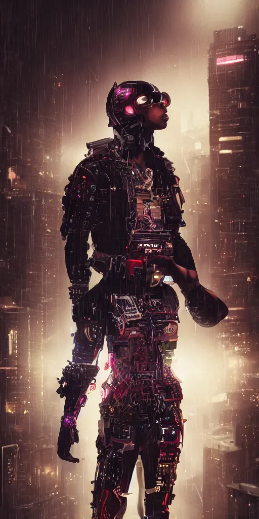 Image similar to hero angle of cyberpunk Ludacris, highly detailed, sharp focus, cyberpunk style, cyborg, futuristic, 8k, 35mm, cinematic lighting