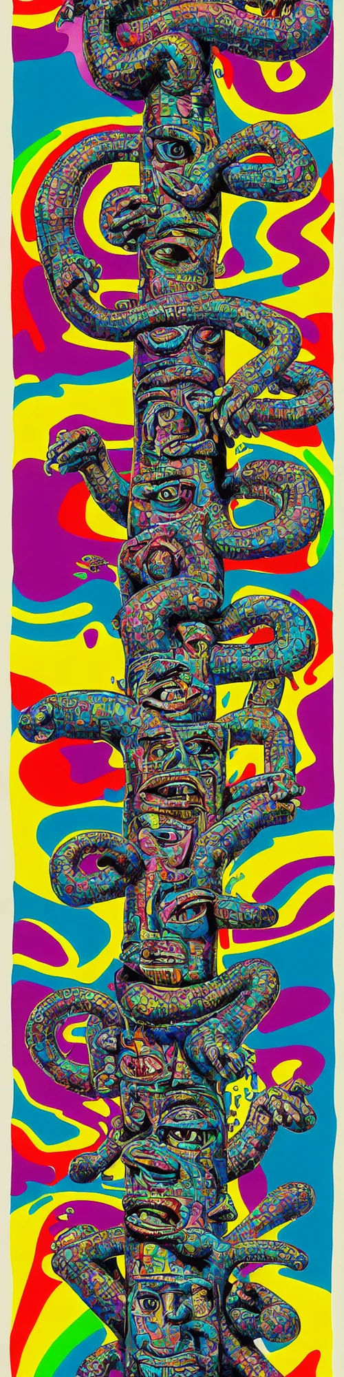 Prompt: totem pole of 1 9 9 0 s rap all stars, melting, graffiti monster, wild style, bubble letters, magazine collage, cubism, muted but vibrant colors, muted rainbow tubing, dali, r crumb, hr giger, basil wolverton