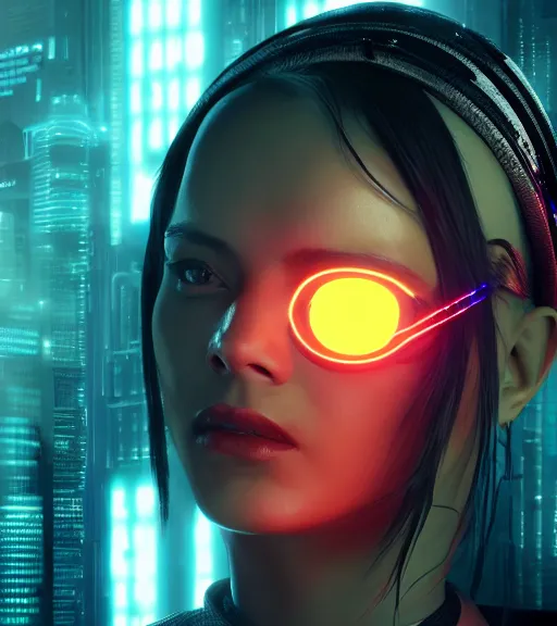 Image similar to a cyberpunk woman with shining sphere in neck, hyperrealistic, cyber world, ambient lighting, concept art, hyper - detailed, smooth, octane, ray tracing, cinematic, high quality