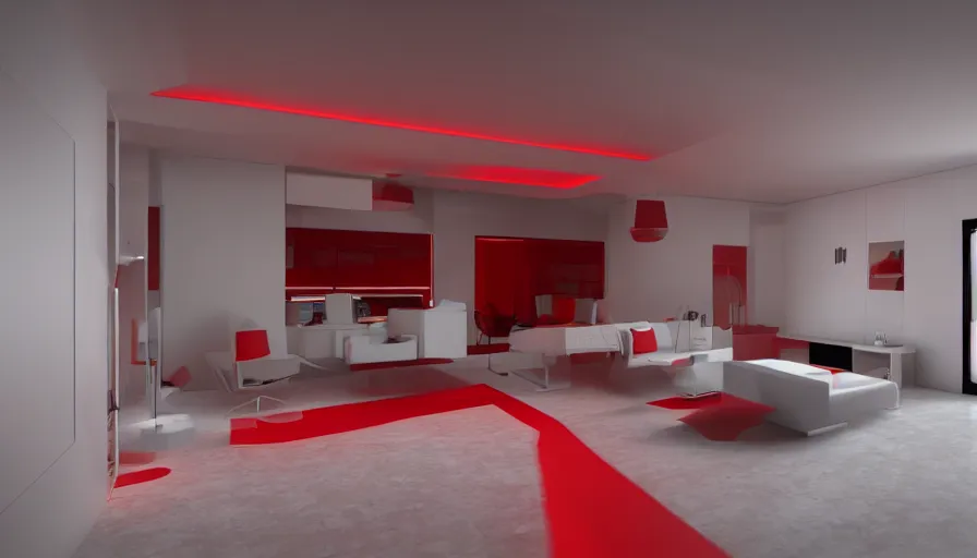 Image similar to interior photo of a ceramic tile futuristic house, octane render, minimalism, white and red colour palette, dramatic lighting