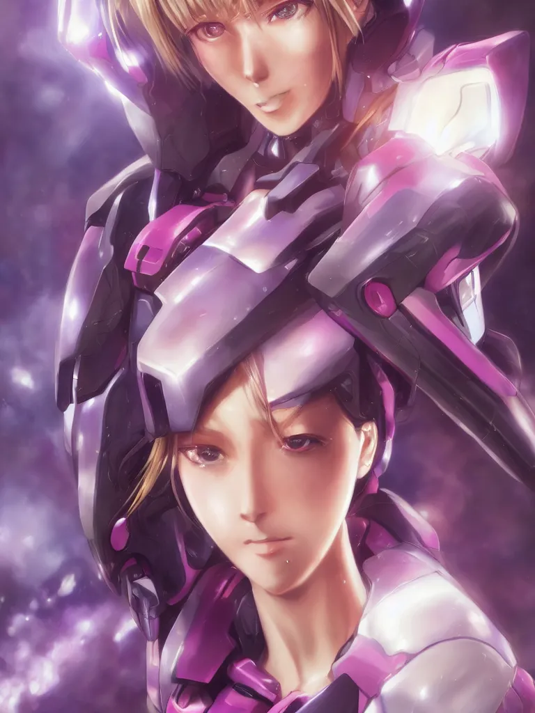 Image similar to A realistic anime portrait of a woman in a Gundam suit with glowing purple, digital painting, by Stanley Artgerm Lau, Sakimichan, WLOP and Rossdraws, digtial painting, trending on ArtStation, SFW version