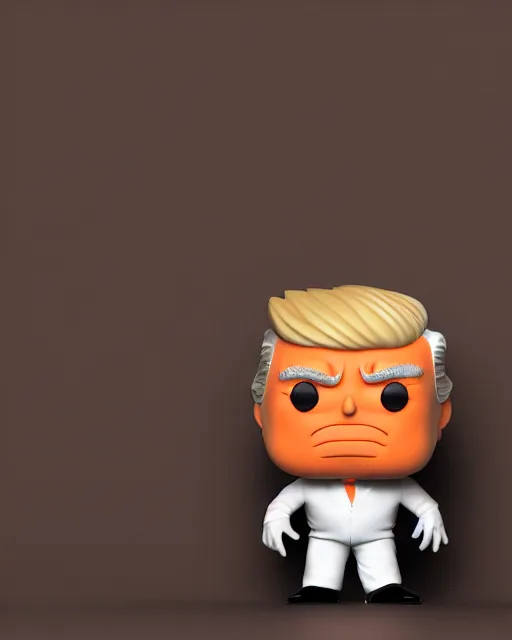 Image similar to full body 3d render of funko pop donald trump as a funko pop, orange wrinkly skin, studio lighting, white background, blender, trending on artstation, 8k, highly detailed