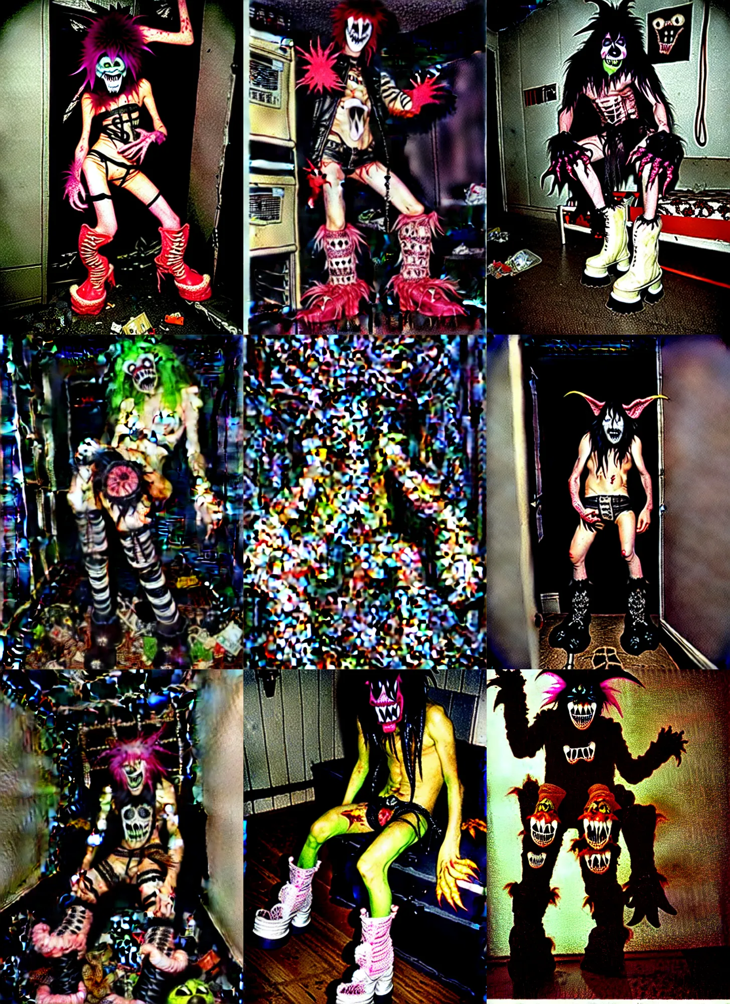 Image similar to photo of lace monster goblin wearing ripped up dirty Swear kiss monster teeth yeti platform boots in the style of Ryan Trecartin in the style of 1990's FRUiTS magazine 20471120 in japan in a dirty dark dark dark poorly lit bedroom full of trash and garbage server racks and cables everywhere in the style of Juergen Teller in the style of Shoichi Aoki, japanese street fashion, KEROUAC magazine, Walter Van Beirendonck W&LT 1990's, Vivienne Westwood, y2K aesthetic