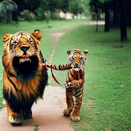 Image similar to A man in a lion costume walking a tiger on a leash, photo by steve mccurry