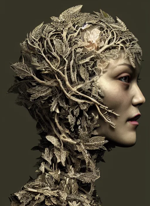 Prompt: a female android's face in profile, made of leaf skeletons, in the style of the Dutch masters and Gregory Crewdson, dark and moody intricate traditional Chinese textures, rococo decorations, hyper detail, Unreal engine,Octane render, by Karol Bak