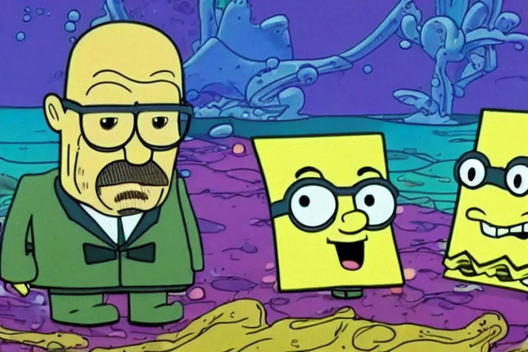 Prompt: walter white in spongebob squarepants, film still, underwater, hyperrealistic, dramatic lighting,