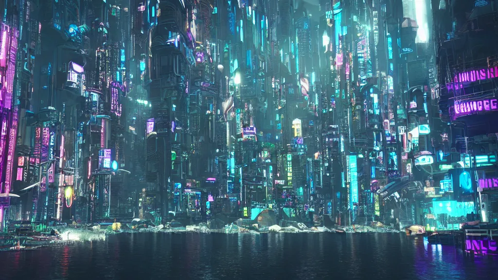 Image similar to cyberpunk city built underwater, submerged, nighttime, fluorescent led, made in blender, octane render, cinematic, volumetric lighting, futuristic,, hyperrealistic, highly detailed, colourful 4 k hd