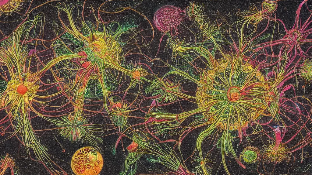 Image similar to quantum connections represented as symbiotic organisms like cells playing around with colorful lights by ernst haeckel