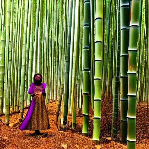 Image similar to a witch has turned her head into bamboo, standing in front of a mirror laughing