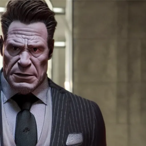 Image similar to a still of Joe Fixit Grey Hulk wearing a pinstripe suit and fedora appearing in Avengers: Infinity War