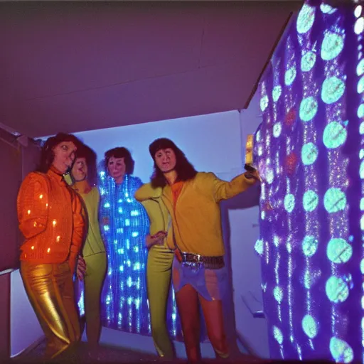 Prompt: first-person perspective view of three people wearing discowear having a party inside of a 1970s luxury bungalow with a rectangular infinity mirror on the wall, at dusk, ektachrome photograph, f8 aperture
