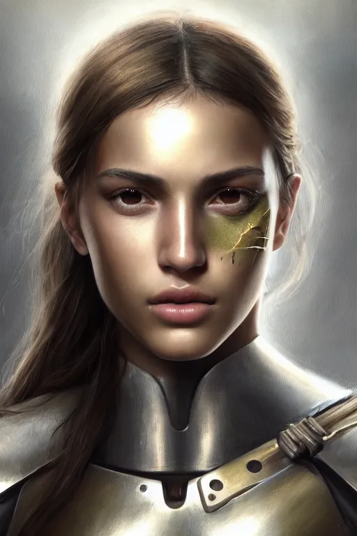 Image similar to a photorealistic painted portrait of an attractive young girl, partially clothed in metal-plated battle armor, olive skin, long dark hair, flawless skin, beautiful bone structure, symmetric facial features, perfect photorealistic eyes, natural physique, intricate, elegant, digital painting, concept art, finely detailed, beautifully illustrated, sharp focus, minimal artifacts, from Metal Gear, by Ruan Jia and Mandy Jurgens and Artgerm and William-Adolphe Bouguerea, trending on Artstation, award winning art