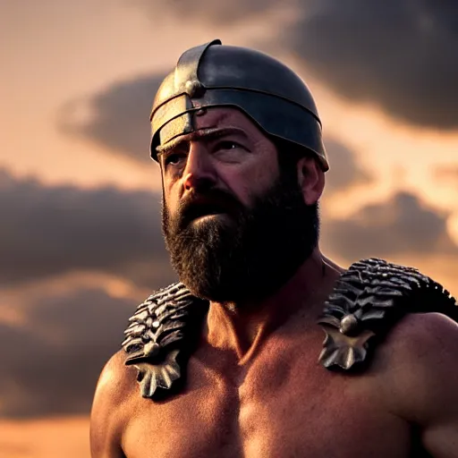 Image similar to epic cinematic film still of joe biden as leonidas in 3 0 0 movie, golden hour lighting, moody sky, 8 k