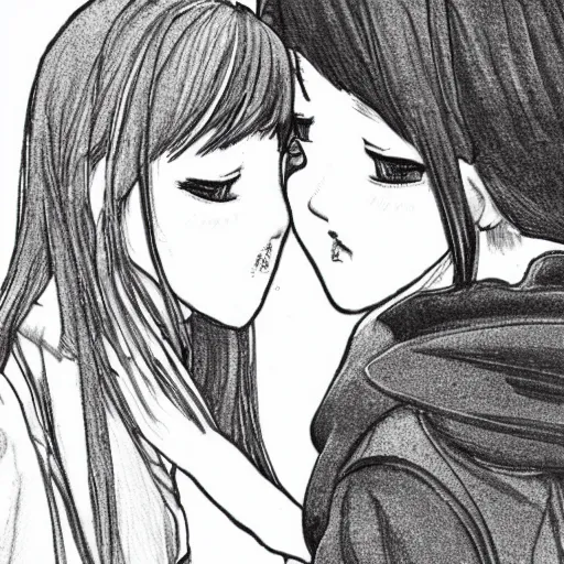 Image similar to portrait of two girls kissing, detailed manga art