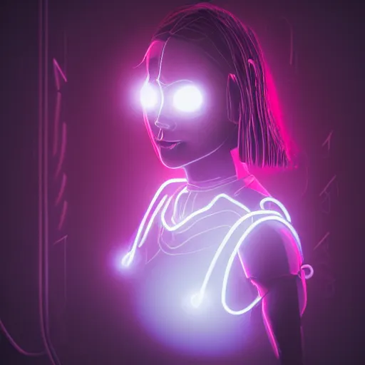 Prompt: realistic fantasy portrait of sad robo girl in neon light, fog around,