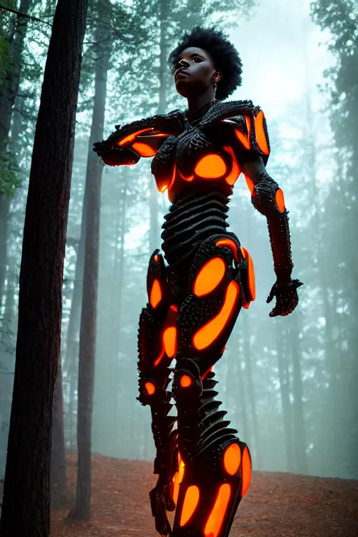 Image similar to hyperrealistic long shot mithra gorgeous black woman intricate exoskeleton bone armor in a forest sun behind her concept art eric zener elson peter cinematic orange light low angle hd 8k sharp rack focus