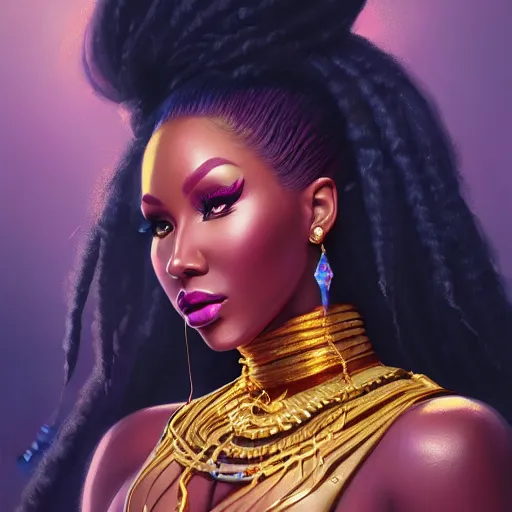 Image similar to portrait of nicki minaj, dark skin, gold jewelry, african princess, art by pete mohrbacher and guweiz and ilya kuvshinov, digital art, highly detailed, intricate, sharp focus, trending on artstation hq, deviantart, unreal engine 5, 4 k uhd image