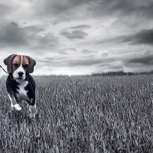 Image similar to landscape beagle running in a field . intricate artwork by art-station. octane render, cinematic, hyper realism, 8k, depth of field.