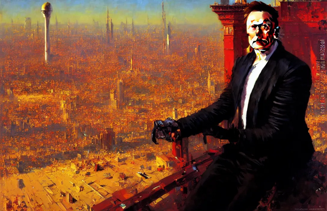 Image similar to portrait of elon musk!!!!!!!!!!!!!!!!!!!!!!!!!!!, detailed face, detailed painting, detailed city background, epic lighting, by ilya repin and phil hale