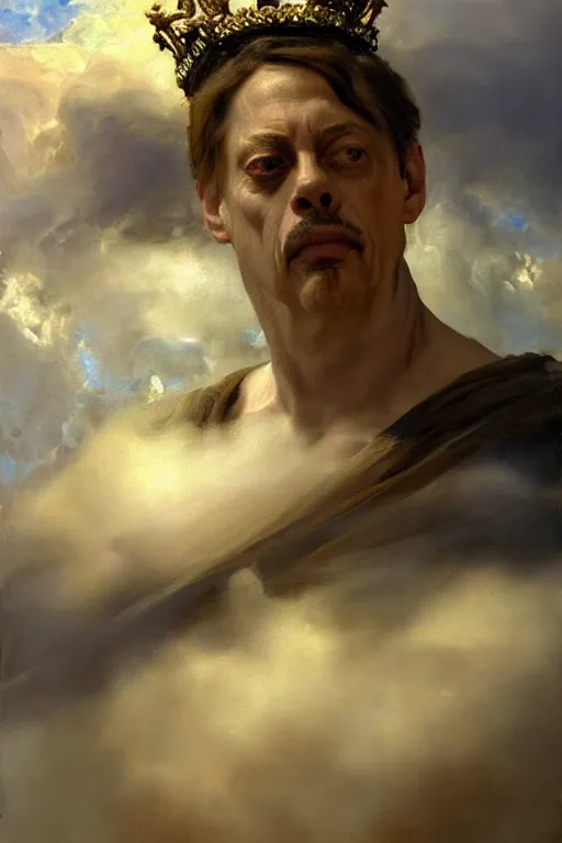 Image similar to beautiful detailed expressive impressionistic oil painting portrait of ancient roman god emperor steve buscemi ascending into the clouds wearing the civic crown, renaissance painting, art by anders zorn, wonderful masterpiece by greg rutkowski, expressive brush strokes, beautiful cinematic light, american romanticism by greg manchess, jessica rossier