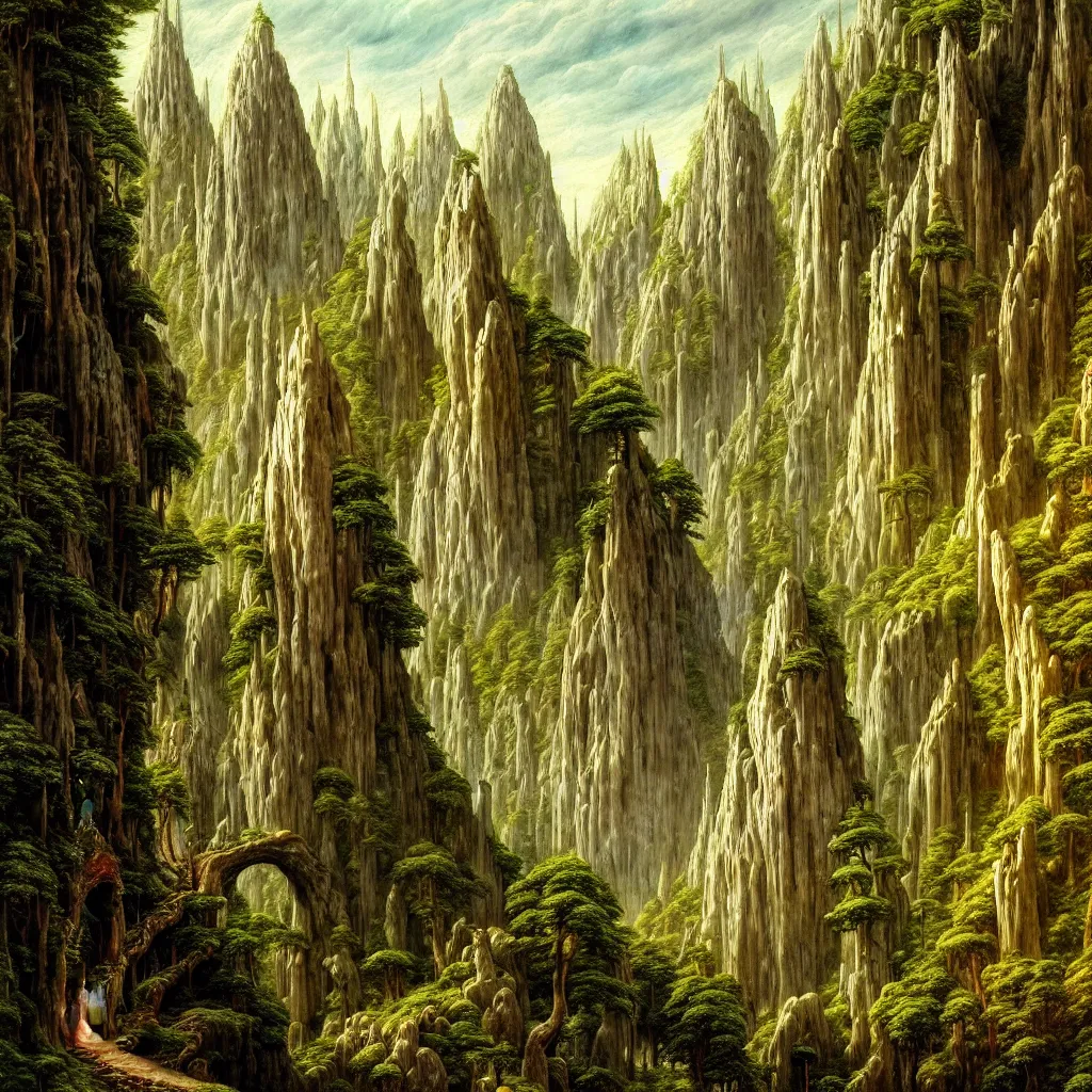 Image similar to A beautiful and highly detailed oil painting of an elven temple in the mountains, detailed trees and cliffs, intricate details, rivendell, 8k, sharp focus, hyper realism, by Caspar Friedrich,