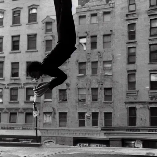 Prompt: A man doing a backflip across 2 rooftops in new york, photographed by Henri Cartier-Bresson on a Leica camera